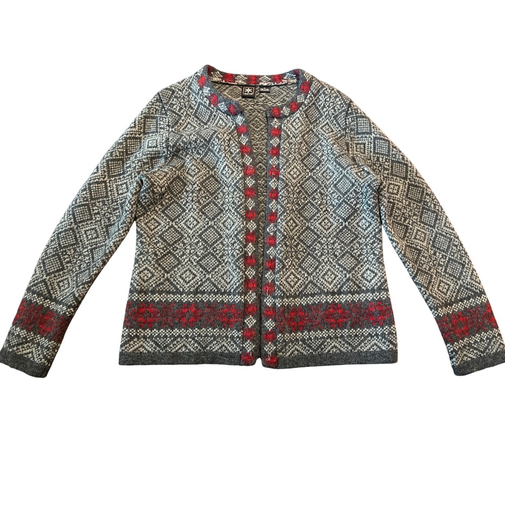 Skyr Womens 100 Wool Nordic Fair Isle Cardigan Sweater Grey Red Size M